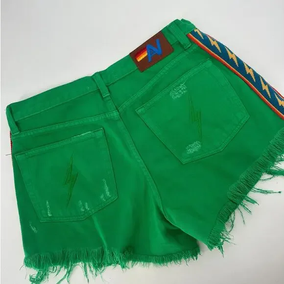 Aviator Nation BOLT STRIPE BOYFRIEND CUTOFF JEAN SHORTS - KELLY GREEN